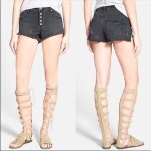 Free People Runaway Slouch Cutoffs Black Brown Button Fly Distressed Denim Short